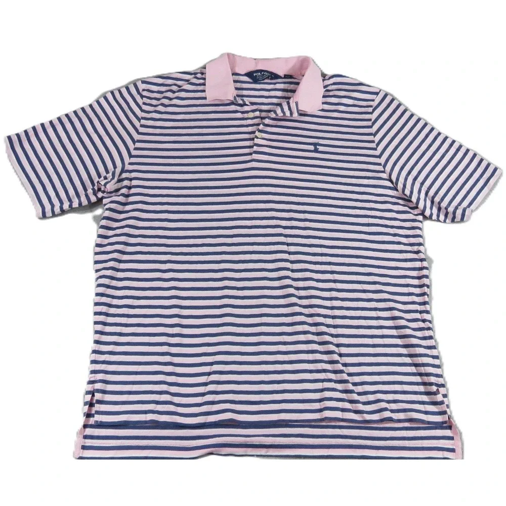 Polo Golf Ralph Lauren Shirt Men XL Pima Cotton Striped Pink Navy Blue Short